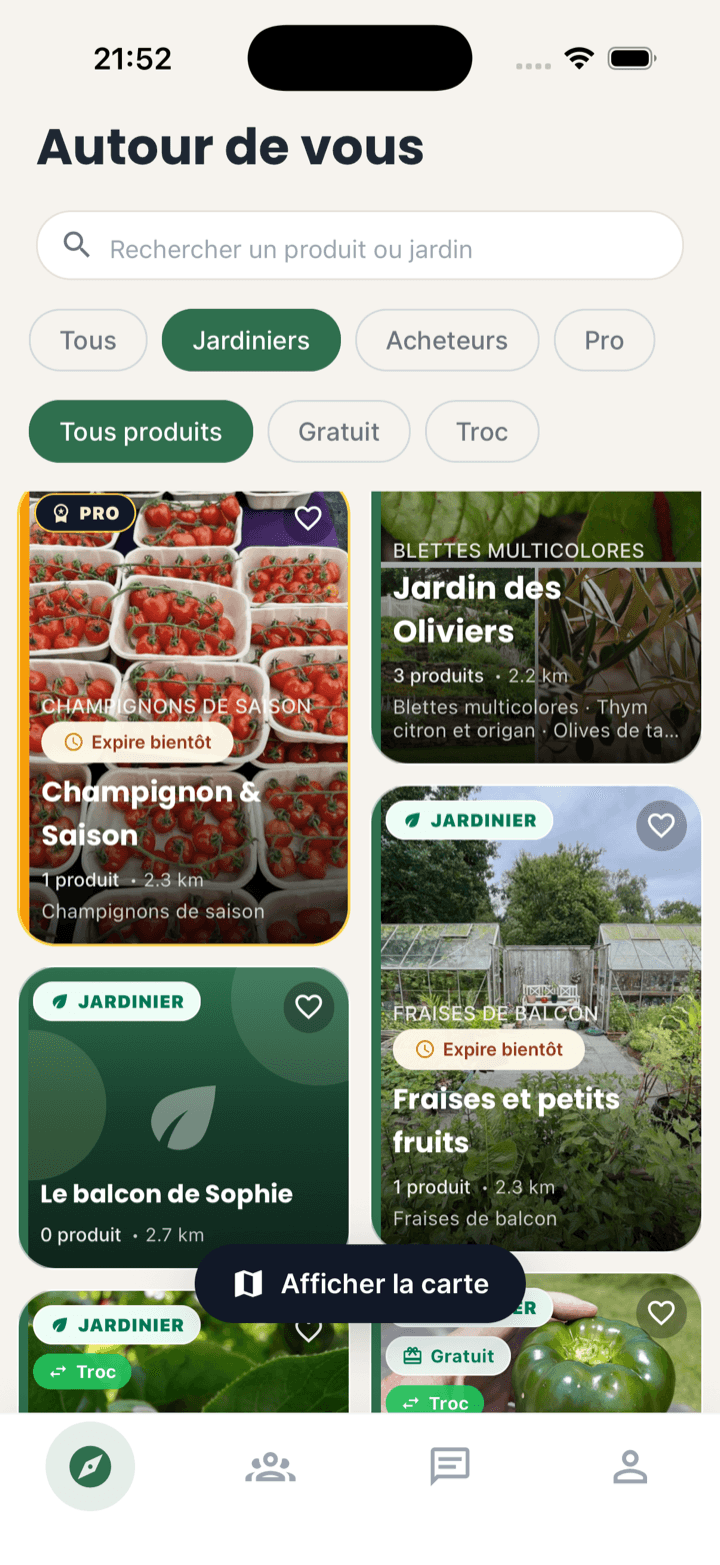 Liste de fruits, légumes et autres récoltes disponibles près de l’utilisateur dans Seeed