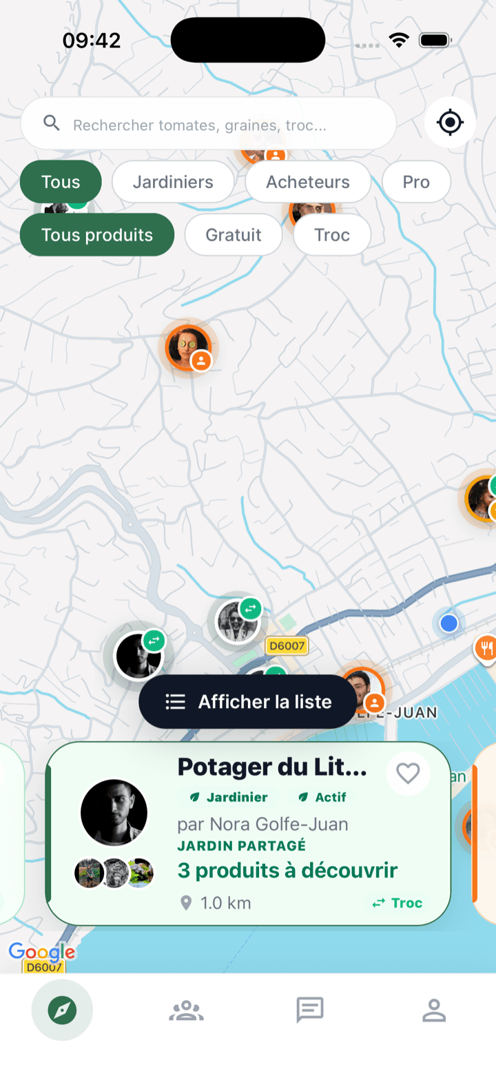Carte Seeed montrant les jardins et récoltes disponibles autour de l’utilisateur
