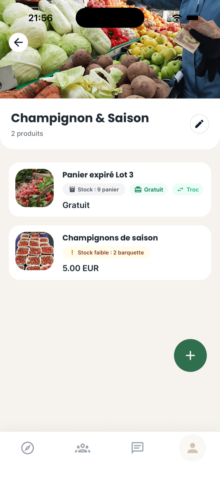 Espace de gestion d’un jardin Seeed avec ses produits, stocks, prix et options de don ou de troc