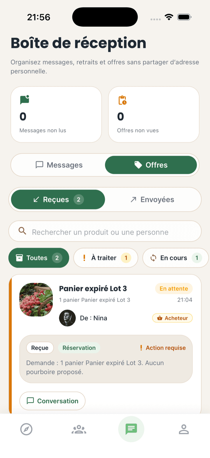 Boîte de réception Seeed avec offres reçues, filtres et conversation