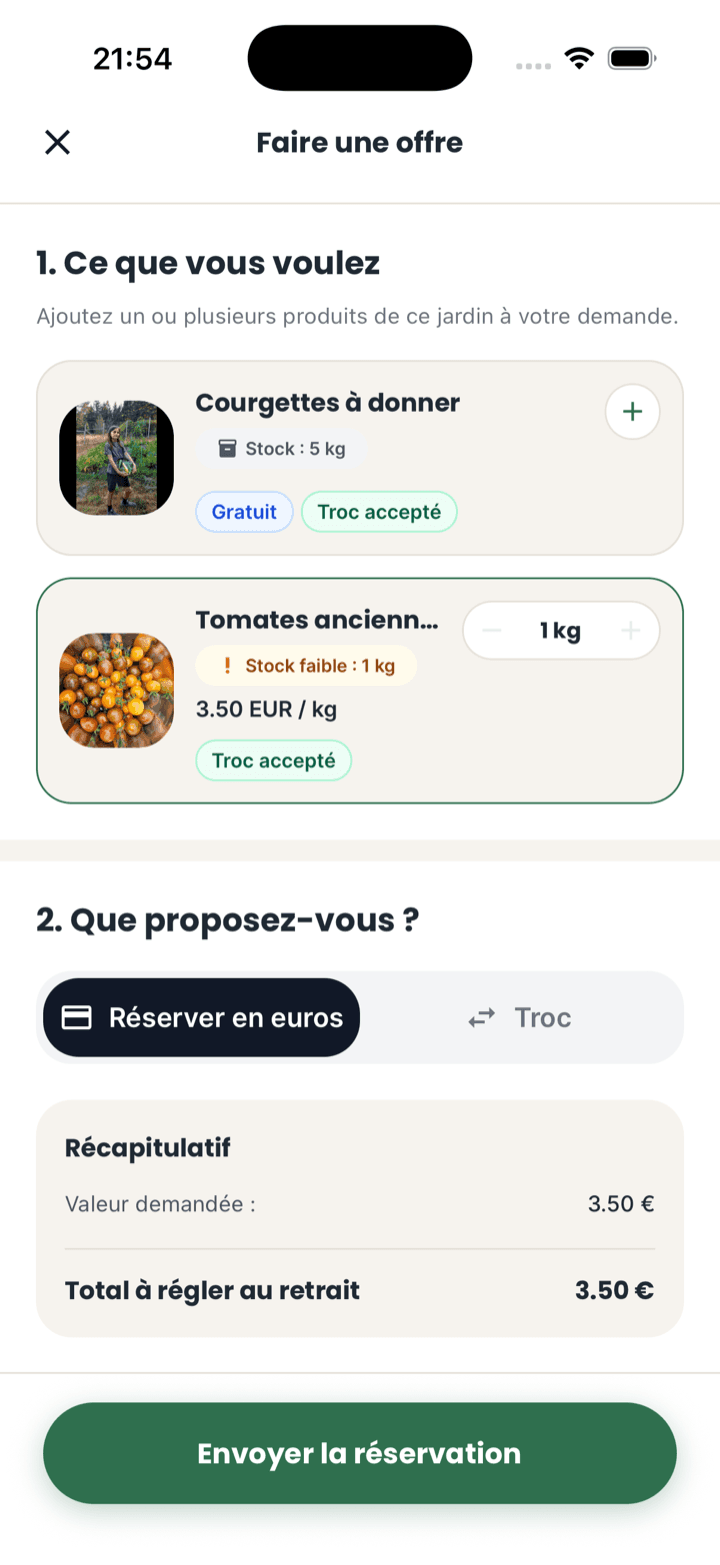 Écran de réservation Seeed pour des légumes, avec choix entre paiement et troc