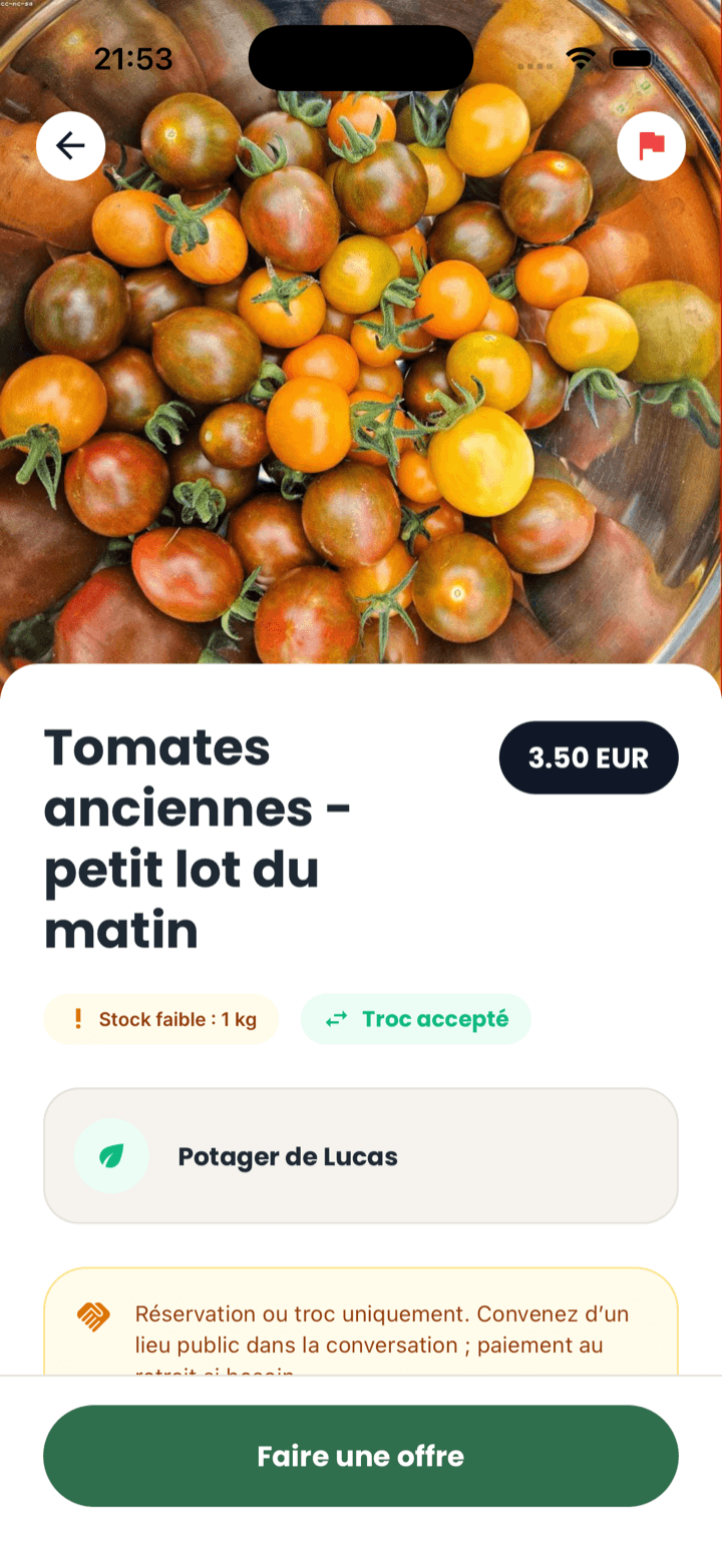 Fiche de tomates anciennes avec stock, prix et action pour faire une offre dans Seeed
